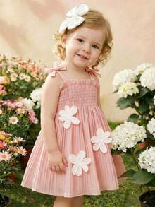 SHEIN Girls' Sleeveless Apricot Pleated Dress With 3D Floral Design, Elegant Princess Style Suitable For Casual, Vacation And Party Occasions - Pink - View 9