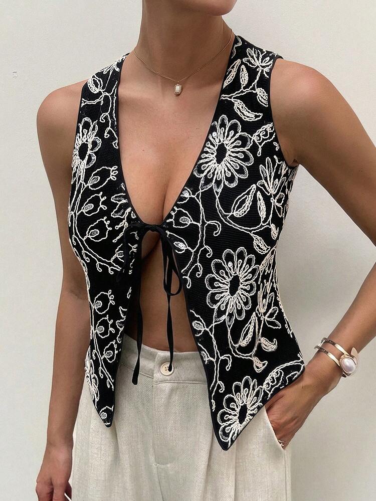 Floral Embroidery Deep V-Neck Tie Sleeveless Vest, Elegant Summer Holiday Women Jacket