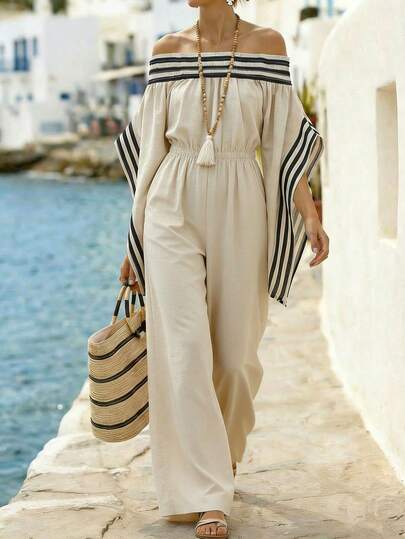 Balvessa Women's Off-Shoulder Batwing Sleeve Khaki Linen-Like Striped Patchwork Maxi Jumpsuit, Women's Casual Jumpsuit, Vacation Jumpsuit, Loose & Comfortable, Casual Style Jumpsuit, Off-Shoulder Linen-Look, Exaggerated Trailing Bell Sleeve Design, High Elasticity Waist, High Elasticity Off-Shoulder Design, Multi-Wear Design, Suitable For Work, Beach Vacation, Country Vacation, Dates, Parties, Festivals And Birthday Parties. Women's Jumpsuit, Elegant Jumpsuit, Khaki Jumpsuit