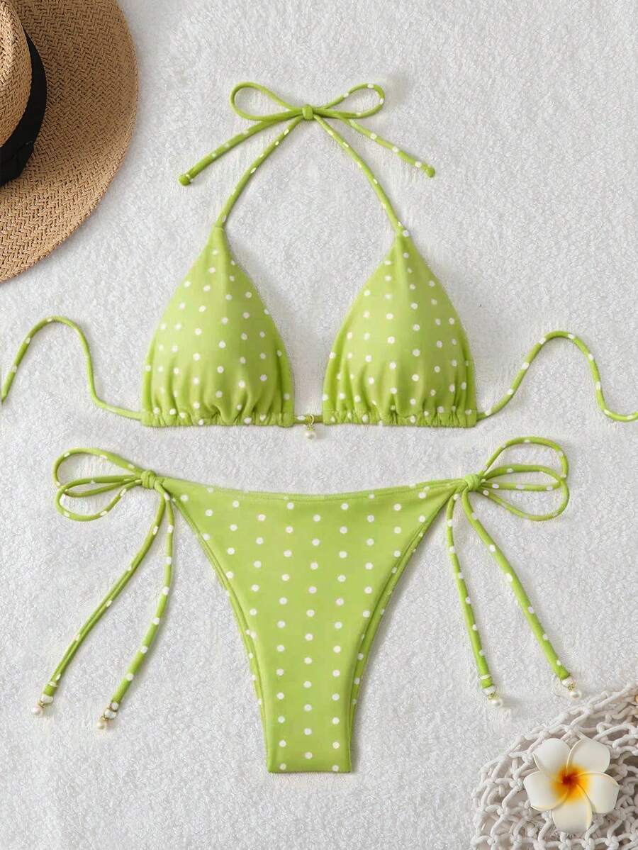 Swim Mod 女士夏季沙滩波点印花挂脖系带性感比基尼泳衣套装，随机印花 - 彩色 - 查看 1