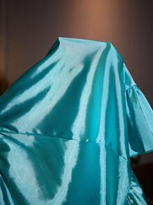 Heart Embroidery Faux Silk Spaghetti Strap Ruffle Hem Sexy Women Nightgown - Mint Green - View 11