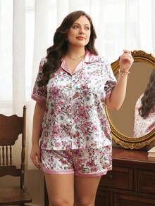 Côtesoire Solid Color Trim Rabbit Print Interesting Lively Cute Lapel Cardigan Plus Size Women Pajama Set Nighties Summer - Multicolor - View 3