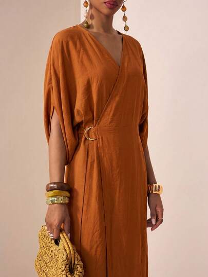 Zivah 2026 Spring/Summer New Music Festival, Easter, St. Patrick's Day, Valentine's Day, Date, Western, Nomadic, Birthday Party, Graduation, College, Student, Daily Wear, Basic Matching, Casual, Vacation, Cruise Travel, Beach, Sunbathing, Viral Hit, Streetwear, Wedding Guest, Commute, Brunch, Airport, Party, Holiday Outing, Office Wear V-Neck Short Sleeve Belted Metallic Decor Split Maxi Flowy Linen Yellow-Green Dress
