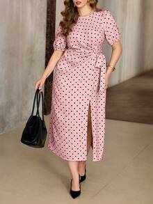 Đầm casual cỡ lớn chấm bi Pháp, bèo nhún, thắt eo, xẻ tà, thích hợp cho mùa xuân/hè. - Hồng - Xem 3