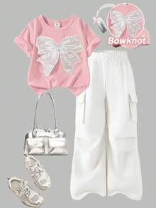 SHEIN Elladie kids Bộ 2 món cho bé gái tuổi teen, áo thun và quần cargo, áo thun cổ tròn tay ngắn thêu nơ và quần, trang phục thời trang cho mùa xuân/hè. - Hồng - Xem 4