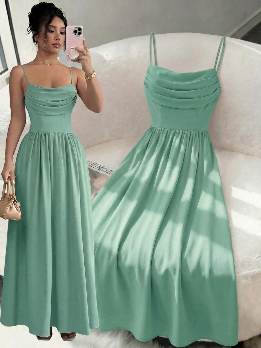 Elenzga Đầm voan mỏng nhẹ, thanh lịch, lãng mạn dành cho nữ, kiểu dáng dây mảnh, thắt eo, thích hợp dự đám cưới, họp mặt chị em. - xanh xám - Xem 1