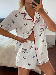 HELLO KITTY | DAZY Summer Polka Dot Bow Print Contrast Trim Lightweight Loose Women Short Sleeve Top And Shorts Pajama Set - White - View 4