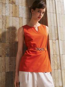 INAWLY Women's Casual Elegant Comfortable Solid Color V-Neck Sleeveless Top With Belt Golf Pastal Summer - Coral Orange - View 8