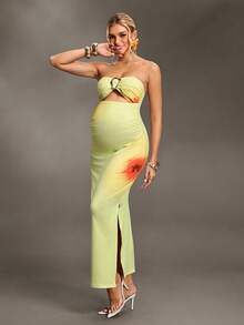 Cheriluna Maternity 夏季柠檬黄抹胸上衣，饰有金色装饰纽扣，腰部镂空设计凸显身材，搭配高腰开衩渐变芙蓉印花长裙，充满度假风情，性感露脐，适合海滩、派对和拍照等场合。 - 彩色 - 查看 3
