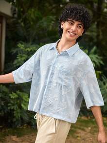Open Phase Men's Street Style Casual Shirt, Lightweight Breathable Fashionable Cut-Out 3D Textured Short Sleeve Button-Up Shirt, Cropped Loose Fit Versatile Sky-Blue Couples Outfit, Suitable For Weekend Dates Beach Vacations Beach Parties Daily Shopping, Perfect Gift For Boyfriend & Son & Mother's Day - Blue - View 6