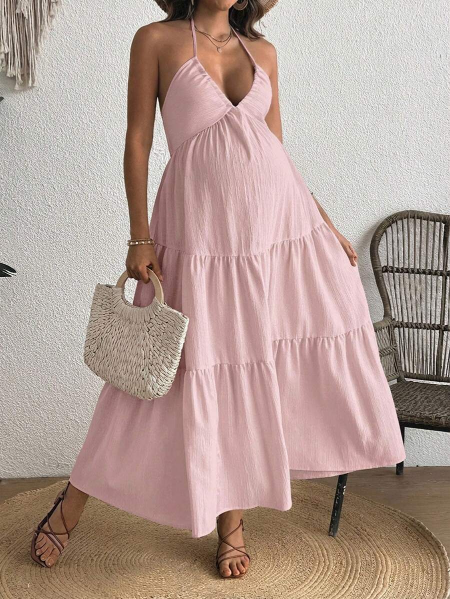 SHEIN Cherish Maternity Váy bầu hở lưng cổ yếm thoải mái - Màu Hồng baby - Xem 1