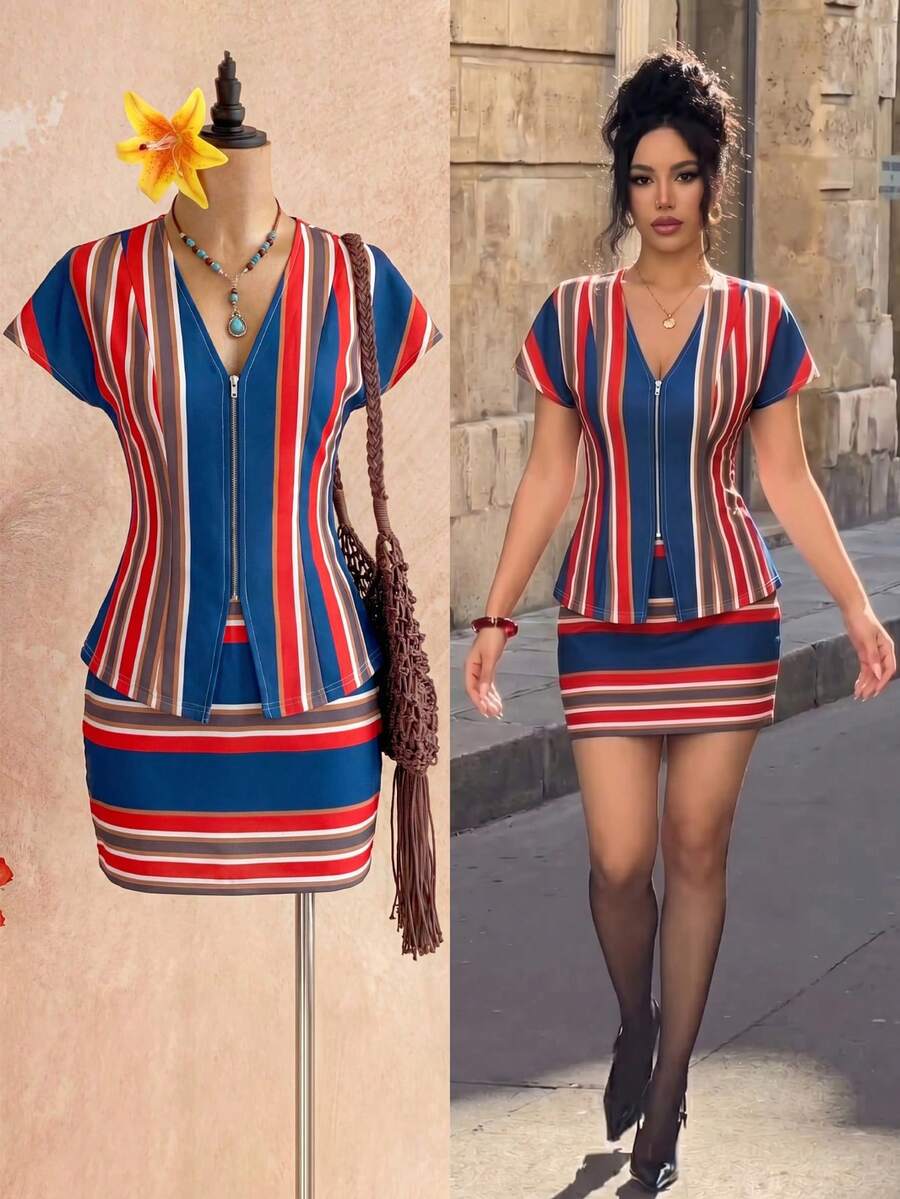 Elenzga Bộ áo và chân váy ngắn ôm eo, trang phục nghỉ dưỡng lãng mạn, thanh lịch dành cho nữ. - Nhiều màu - Xem 1