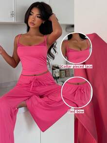 ZzzCrew Women's Satin Lace Trim Camisole And Wide Leg Pants Sleepwear Set - Hot Pink - View 1