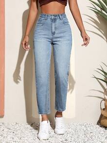SHEIN PETITE Women's Solid Color Minimalist Everyday Jeans ,Petite Women - Blue - View 8
