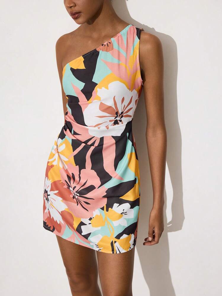 SHEIN Maija Women's Black Floral Print Ruched Mini Dress,Summer Casual Holiday Vacation Outfits,Elegant Party Beach Country Graphic Resort Dress