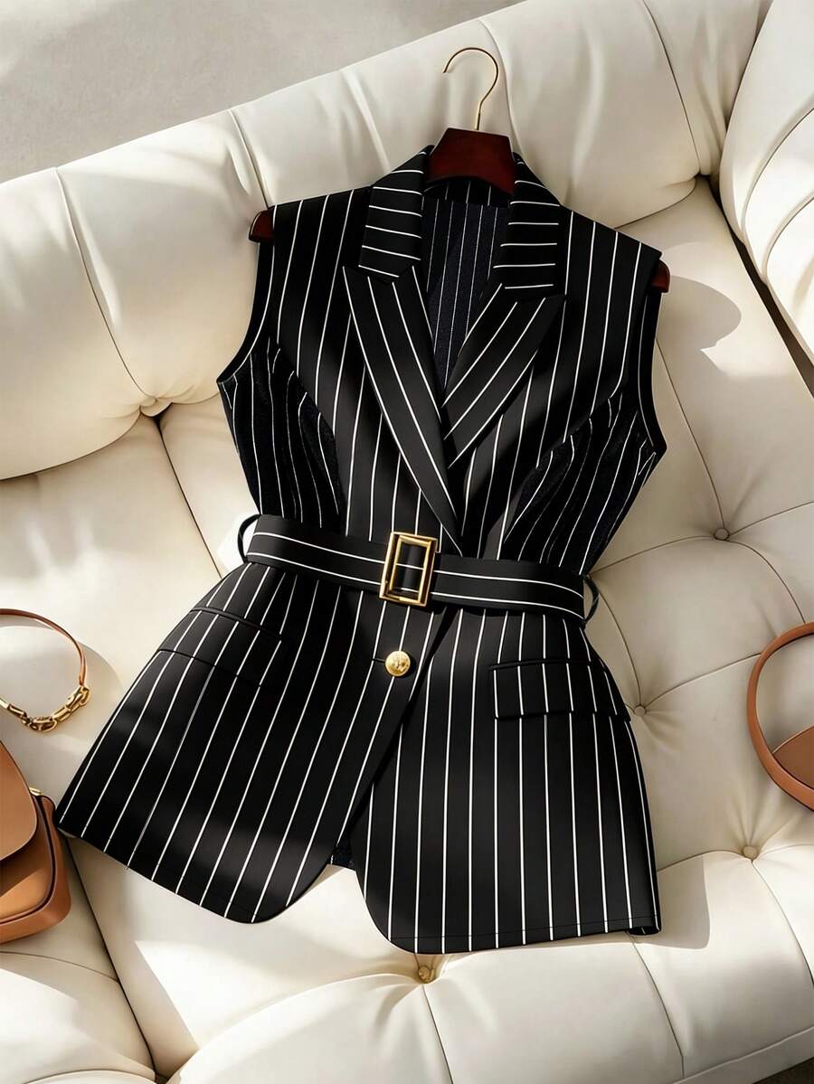 GlowEve Áo vest nữ mùa hè kiểu dáng thường ngày/công sở, họa tiết kẻ sọc, cổ áo nhọn, có khóa cài. - Đen và trắng - Xem 1