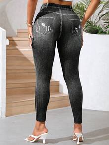 SHEIN Lady Quần legging buộc dây họa tiết ngô co giãn dành cho nữ - màu đen - Xem 2