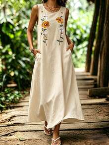 Đầm nữ dáng casual thêu họa tiết có túi, đa năng và thời trang, thích hợp cho kỳ nghỉ. - Màu be - Xem 4