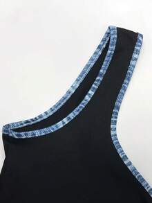 SHEIN Áo tank top nữ ôm dáng với viền màu tương phản - màu đen - Xem 5