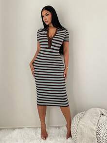 SHEIN SXY Đầm polo tay ngắn kẻ sọc đen trắng phong cách tối giản thường ngày dành cho nữ, đầm dệt kim co giãn cao, dáng dài ngang gối, đầm thanh lịch kiểu Pháp. - Nhiều màu - Xem 2