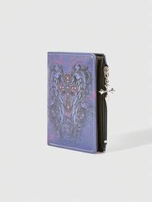 ROMWE Ví da họa tiết cánh và thánh giá phong cách Y2K Gothic - Thiết kế sáng tạo Garbage Punk, ví đựng thẻ giả da thời trang thường ngày với mặt dây chuyền hình thánh giá, phù hợp cho thanh thiếu niên và sử dụng hàng ngày. - Bụi tím - Xem 3