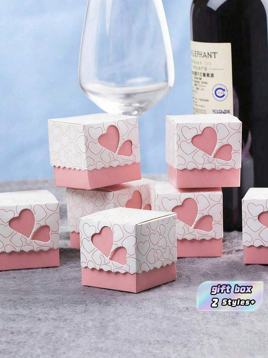 10/20pcs Pink Small Heart Design Gift Boxes With Ribbons For Wedding BabyShower Birthday Favor Boxes - Pink - View 1