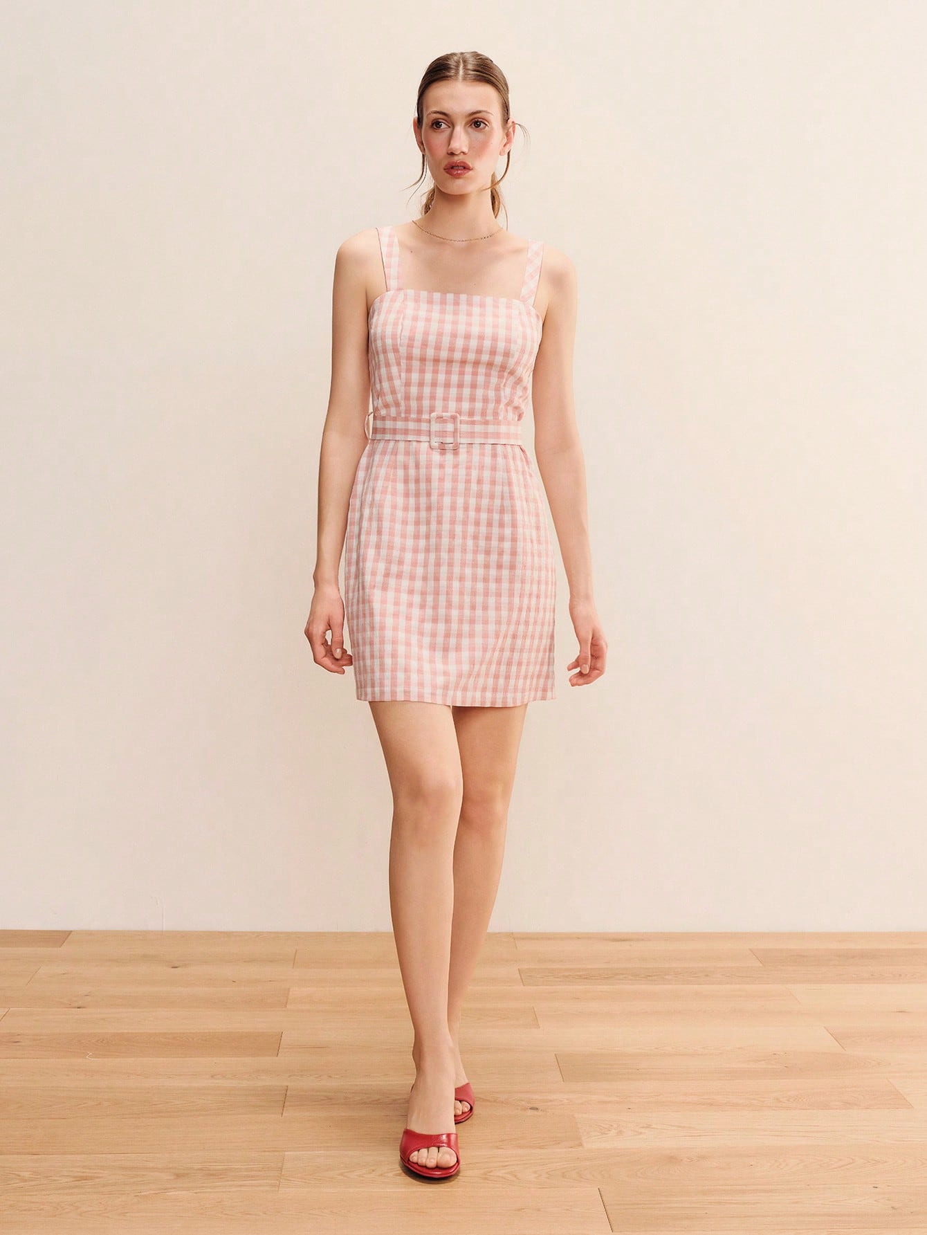 Pink Gingham Mini Dress With Belt And Smocked Back Spring Summer Cute Holiday Dress Summer Dress Casual Vacation Outfit French Style Dress