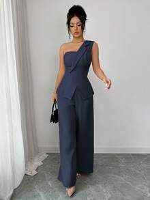 Elenzga Regata Solta com Decote Alto Franzido em Cetim Seda Macio Estilo Ilha, Elegante Estilo Romântico Francês Vintage para Escritório, Trabalho, Casual, Praia e Férias, Primavera/Verão Novo - Azul Marinho - Visão 4