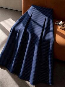 GlowEve CURVE Plus Size Women's Vintage Striped A-Line Skirt, High Waist Flared Design, Suitable For Spring/Summer, Vacation, Daily Commute, Gathering, Party Fall - Navy Blue - View 7