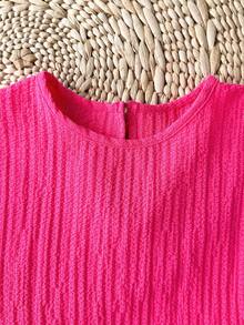 SHEIN 2pcs/Set Young Girl Pink Textured Round Neck T-Shirt And Shorts - Hot Pink - View 4