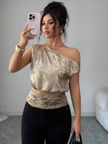 Rafferiza Blusa asimétrica, sexy y elegante de color champán metálico con cintura ceñida con encaje para mujer - Dorado - Ver 10