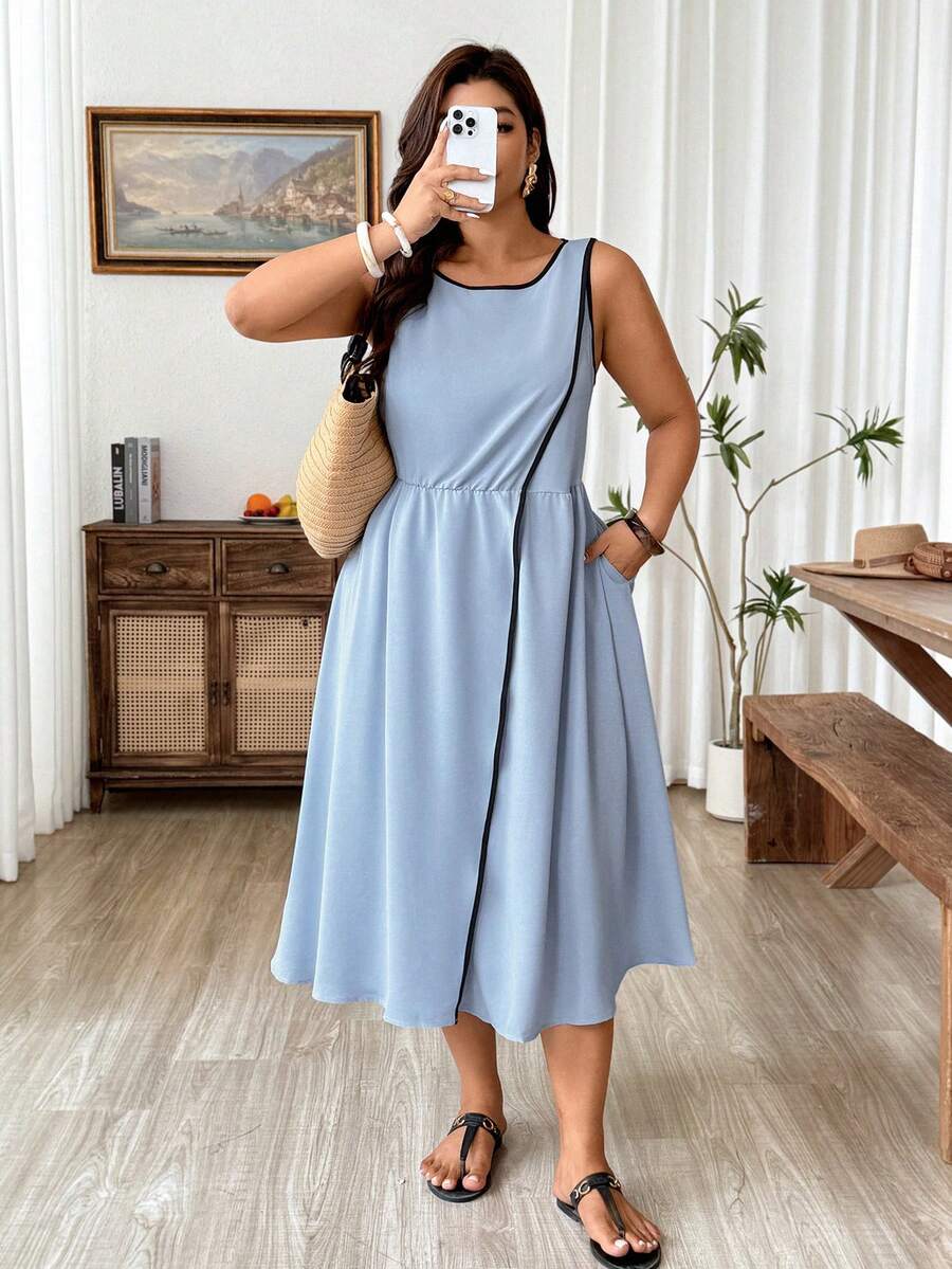 Weeklong Plus Size Casual Color Block Trim Loose Flowy Sleeveless Dress Gym Brown Summer - Blue - View 1