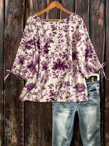 SHEIN LUNE CURVE 大码女式休闲兰花印花短袖蝴蝶结衬衫 - 彩色 - 查看 2