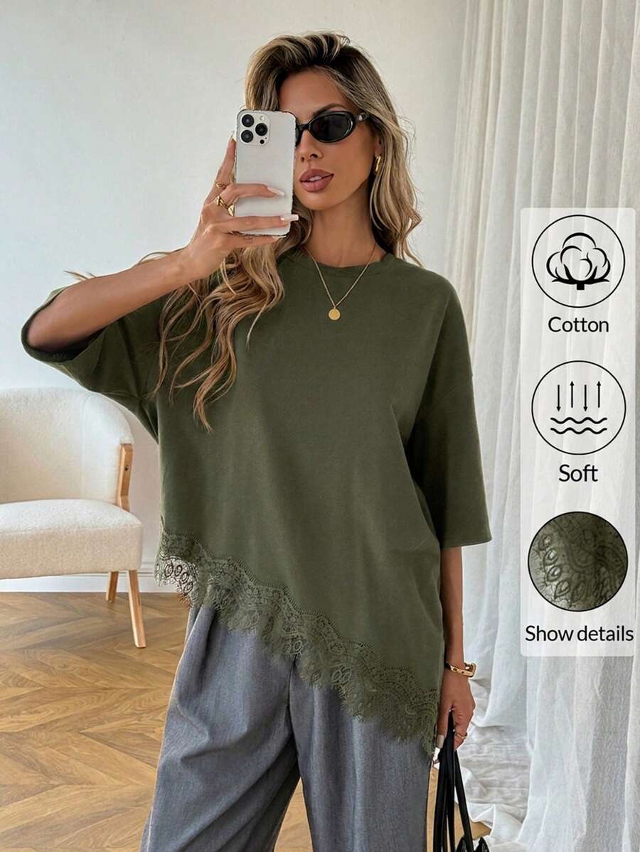 SHEIN LUNE Kaos Wanita Kasual Warna Polos dengan Hem Asimetris dan Patchwork Renda, Pakaian Sehari-hari Dasar untuk Musim Semi & Musim Panas, Atasan Musim Panas