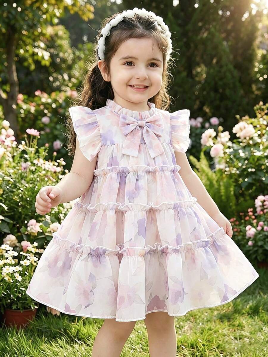 SHEIN Đầm bé gái thời trang, họa tiết hoa, đính nơ, thích hợp mặc vào mùa xuân, hè, thu, ở nhà, đi nghỉ mát, dự tiệc và mặc hàng ngày.
