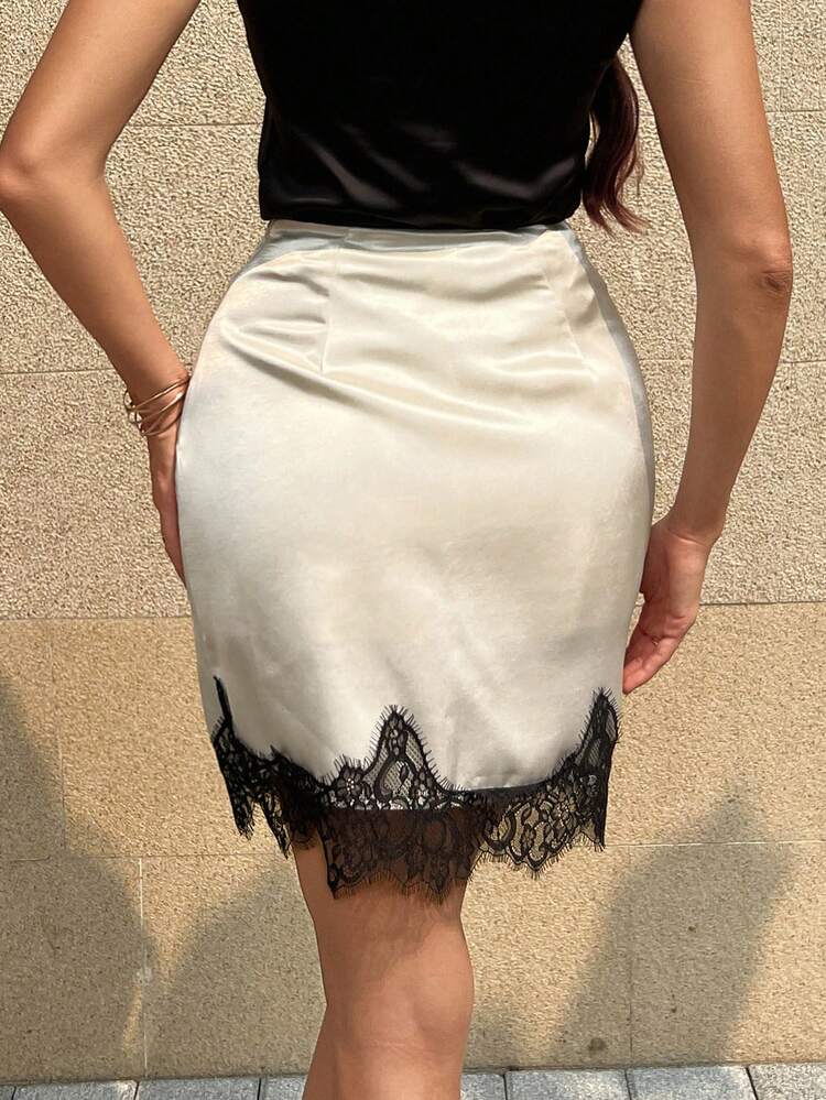 Patchwork Contrast Color Lace Trim Bodycon Mini Skirt, Elegant & Sexy For Women In Summer