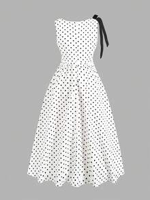 Vestido casual de uso diario cómodo para adolescentes con lunares y decoración de moño en contraste de color - Blanco - Ver 2