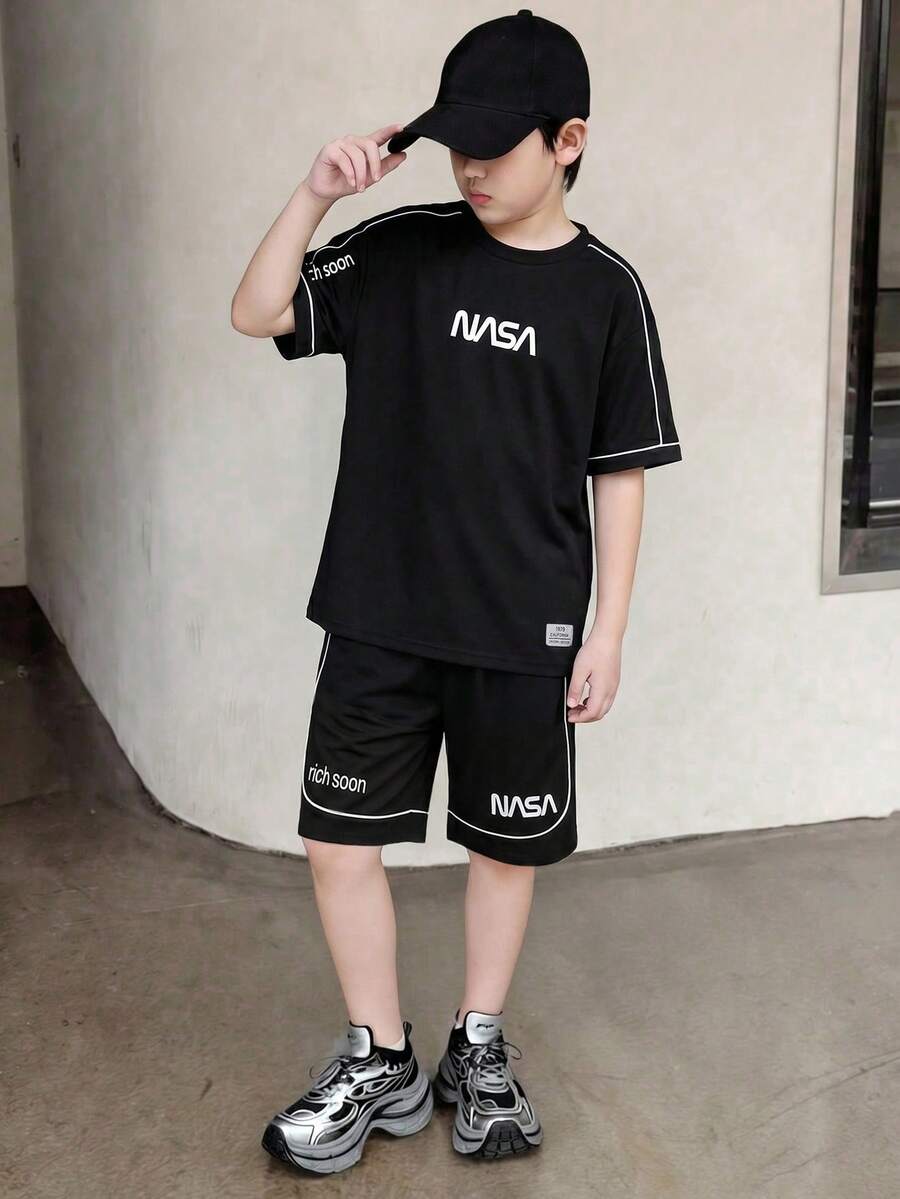 2件套青少年男童时尚黑色T恤短裤套装，面料柔软舒适，适合外出、摄影、运动及各种场合，百搭实用。 - 黑色 - 查看 1