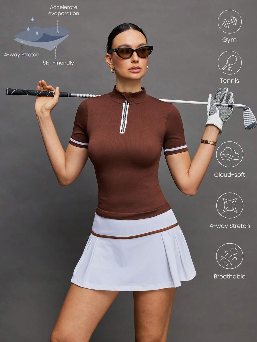 Activina 女士翻领短袖高尔夫球衫 - 咖啡棕 - 查看 1