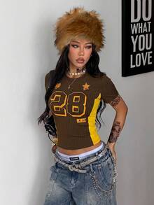 Coolane 女款夏季 Y2K 街頭風復古演唱會電音節派對外出黑色短版 T-Shirt 上衣 - 棕色 - 查看 6