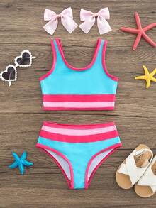 女童条纹防晒泳衣套装，适合海滩度假和游泳 - 藍色 - 查看 2