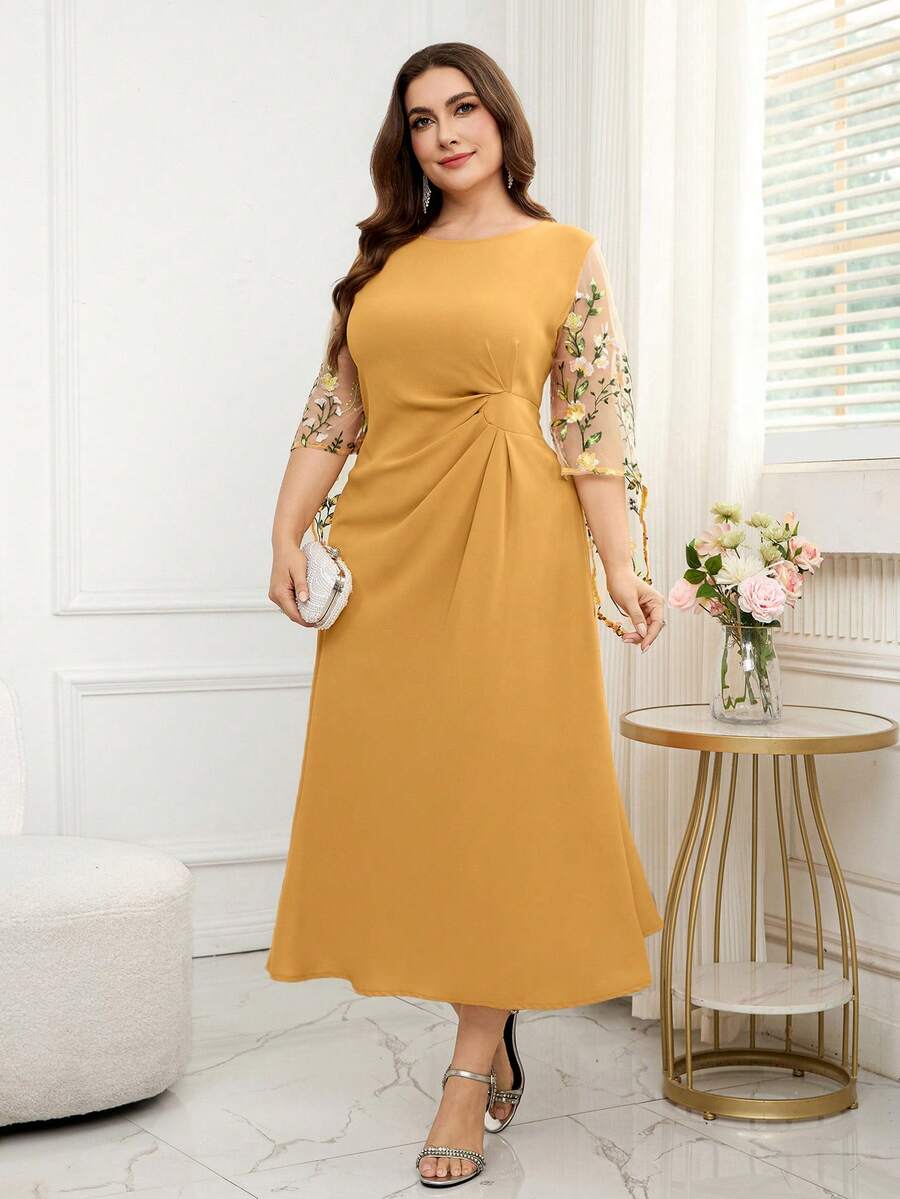 Reflora Plus Size Women Mustard Yellow Elegant Summer Wedding Guest Dress,Floral Print Puff Sleeve Pleated Maxi Dress For Party,Easter,Graduation & Vacation - Yellow - View 1