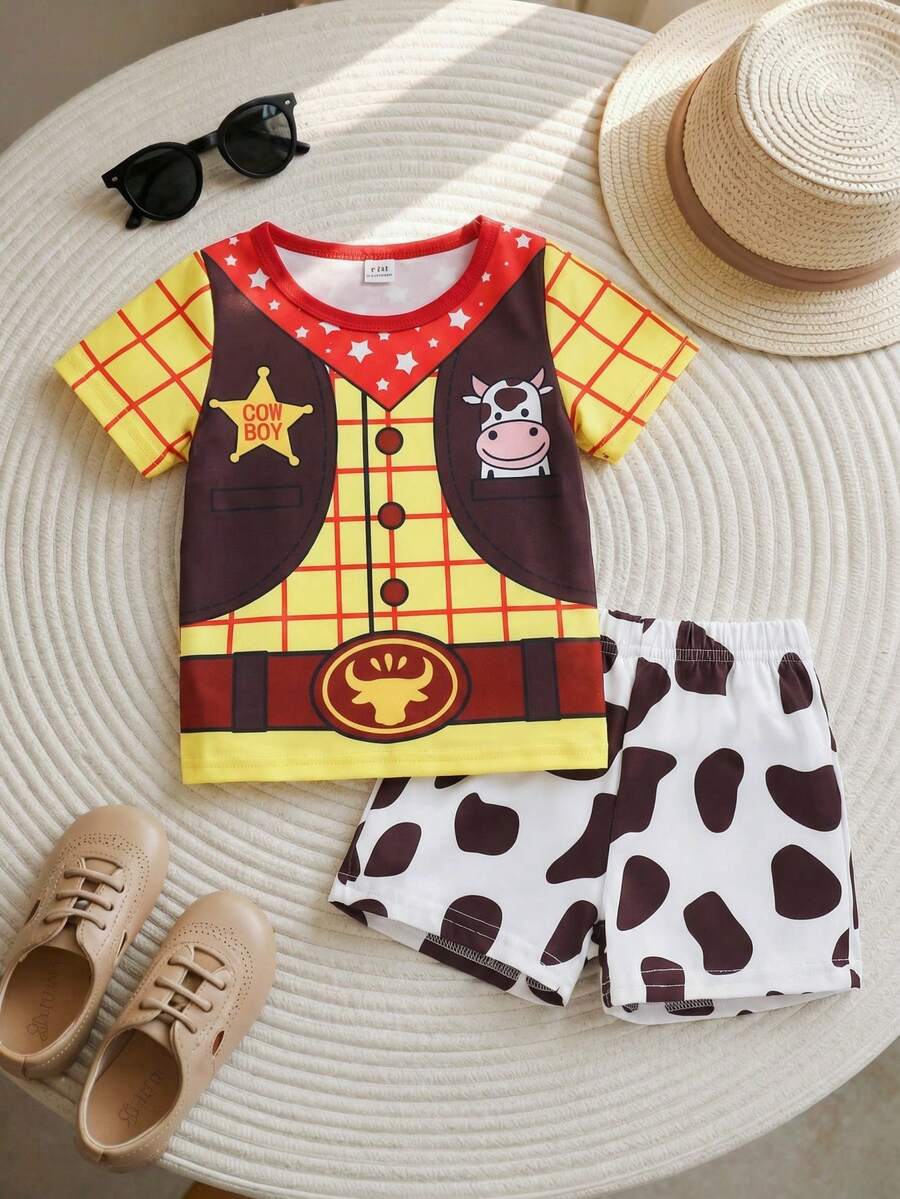 SHEIN Playful Pals 2件組 嬰幼兒男童可愛西部牛仔卡通圖案印花白色夏季短袖上衣與牛仔短褲套裝 生日穿搭