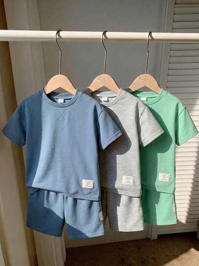 SHEIN Genkimix Kids 6pcs/Set Kids' Casual Minimalist Round Neck T-Shirt And Shorts Set, Summer Sports Outfit, 3 Colors (Gray, Black, White) Boy Summer Sets