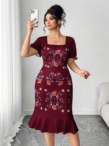 Elenzga Große Größen Kleid mit quadratischem Ausschnitt, französischer Stil mit Blume Muster und Rüschensaum - Bordeaux - Übersicht 5