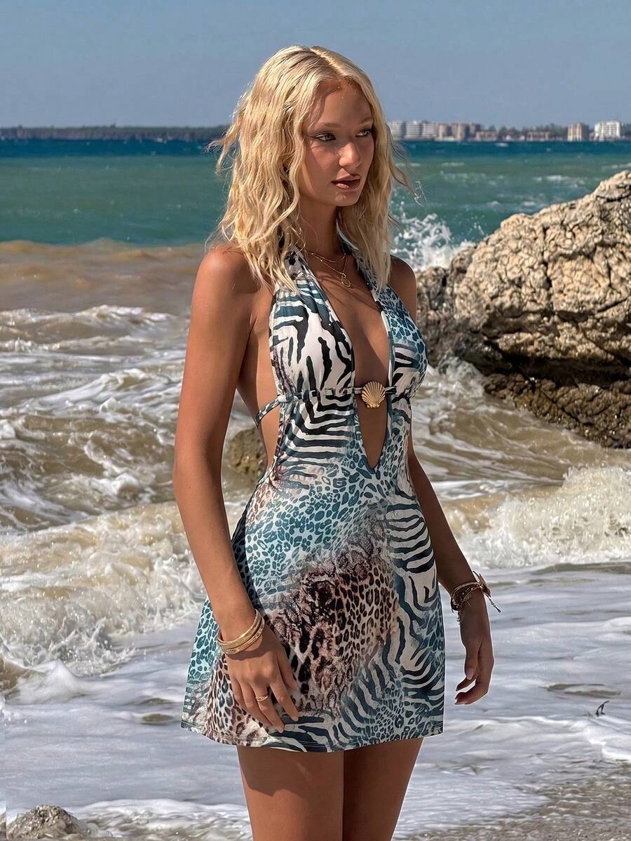 SHEIN ICON 女士深V领露背吊带迷你连衣裙，夏季 - 彩色 - 查看 1