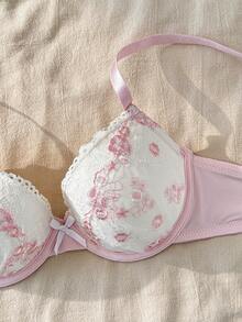 CottageSlumber Floral Embroidery 3/4 Cup Underwire Push-Up Bra With Bow,Lace Patchwork,Ruffle Trim,Ruched Hem,Sweet & Cute,Comfortable Ladies Lingerie - Pink - View 4