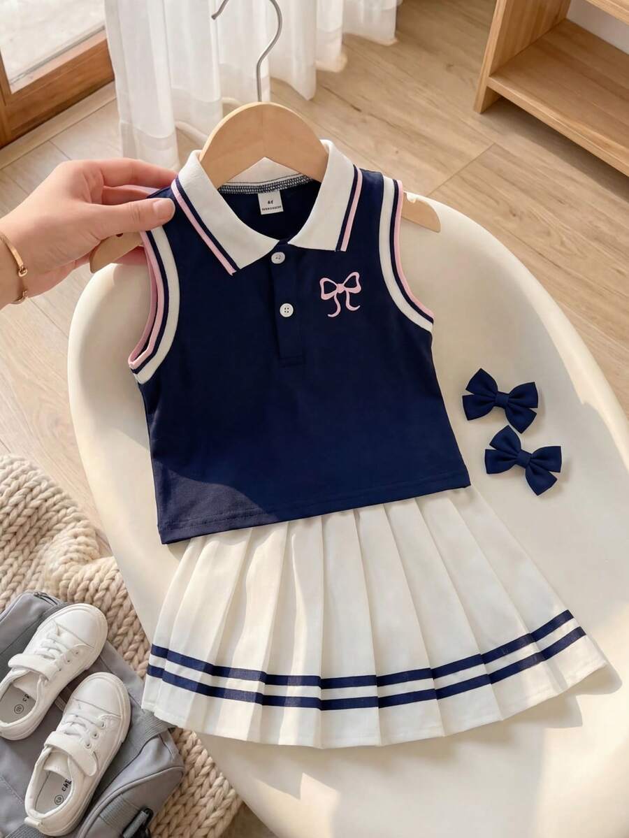 Playful Pals 2pcs Young Girls Contrast Color Bow Print Sleeveless Shirt + Elastic Waist White Pleated Skirt Set, Korean Style Casual Cute Sweet Outfit, Suitable For Daily Outing, School, Shopping, Travel, Photo Shooting, Park, Etc. - Navy Blue - View 1