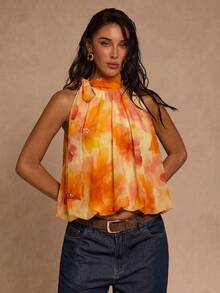 SHEIN Glamour Women's Elegant Floral Print Halter Neck Blouse,Golden Yellow Tropical Summer Top With Tie Detail,Holiday Vacation Beach & Resort Party Outfits - Orange - View 7