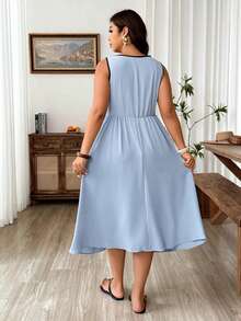 Weeklong Plus Size Casual Color Block Trim Loose Flowy Sleeveless Dress Gym Brown Summer - Blue - View 2